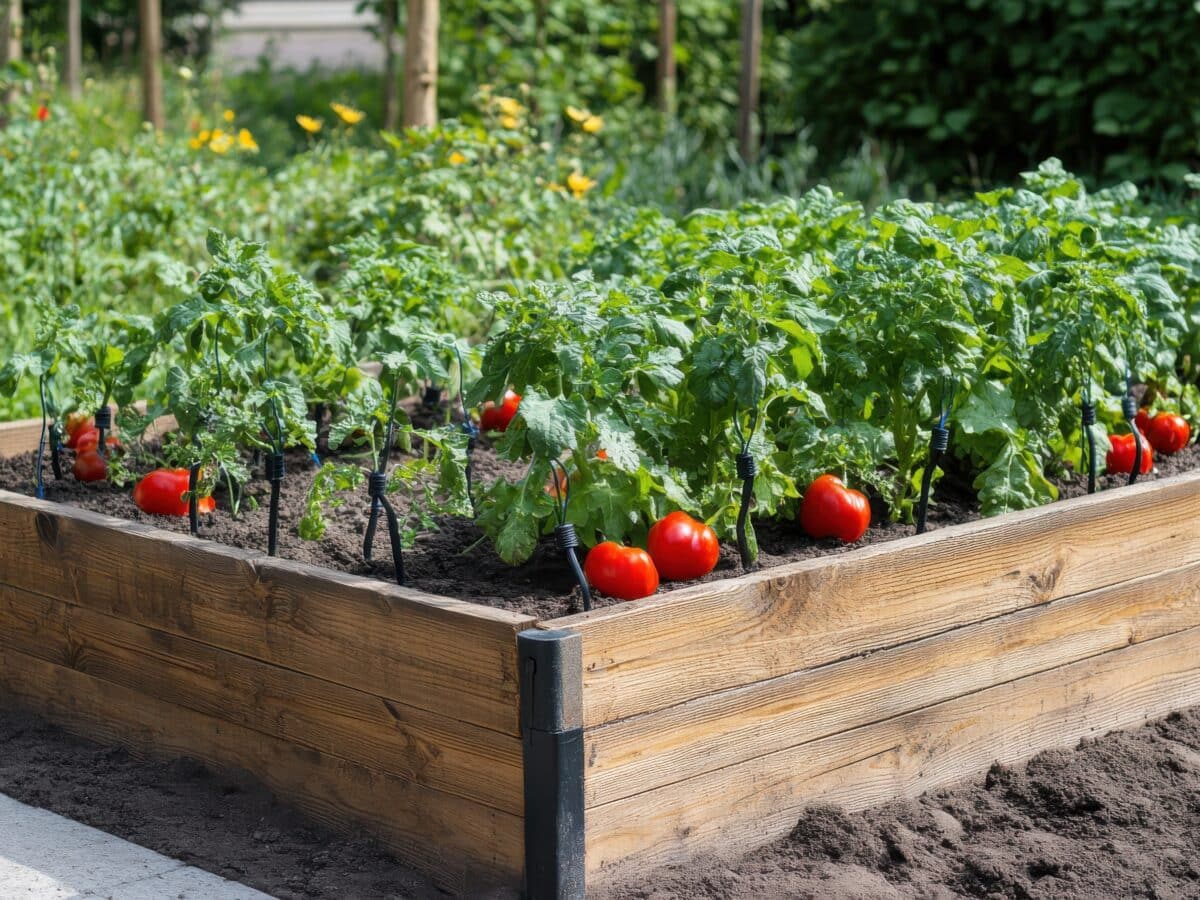 Raised garden beds fitted with a drip irrigation system for even watering