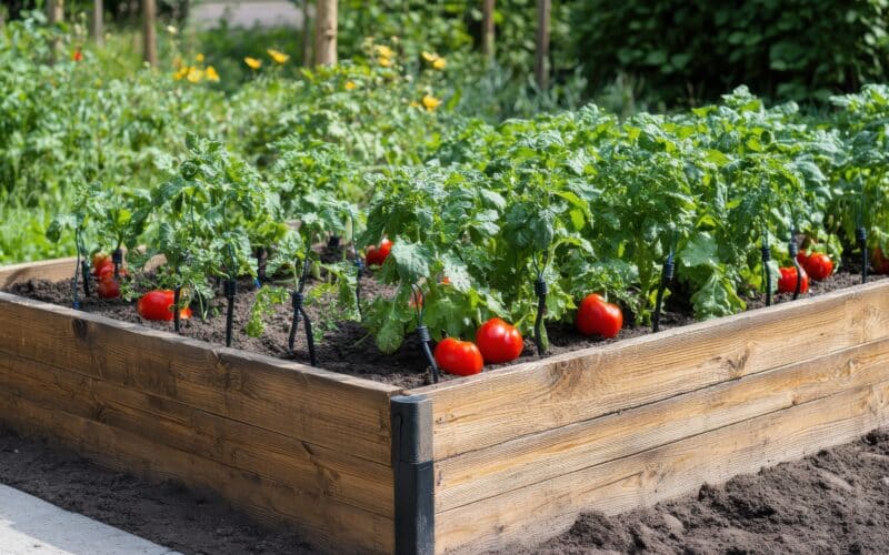 Raised garden beds fitted with a drip irrigation system for even watering