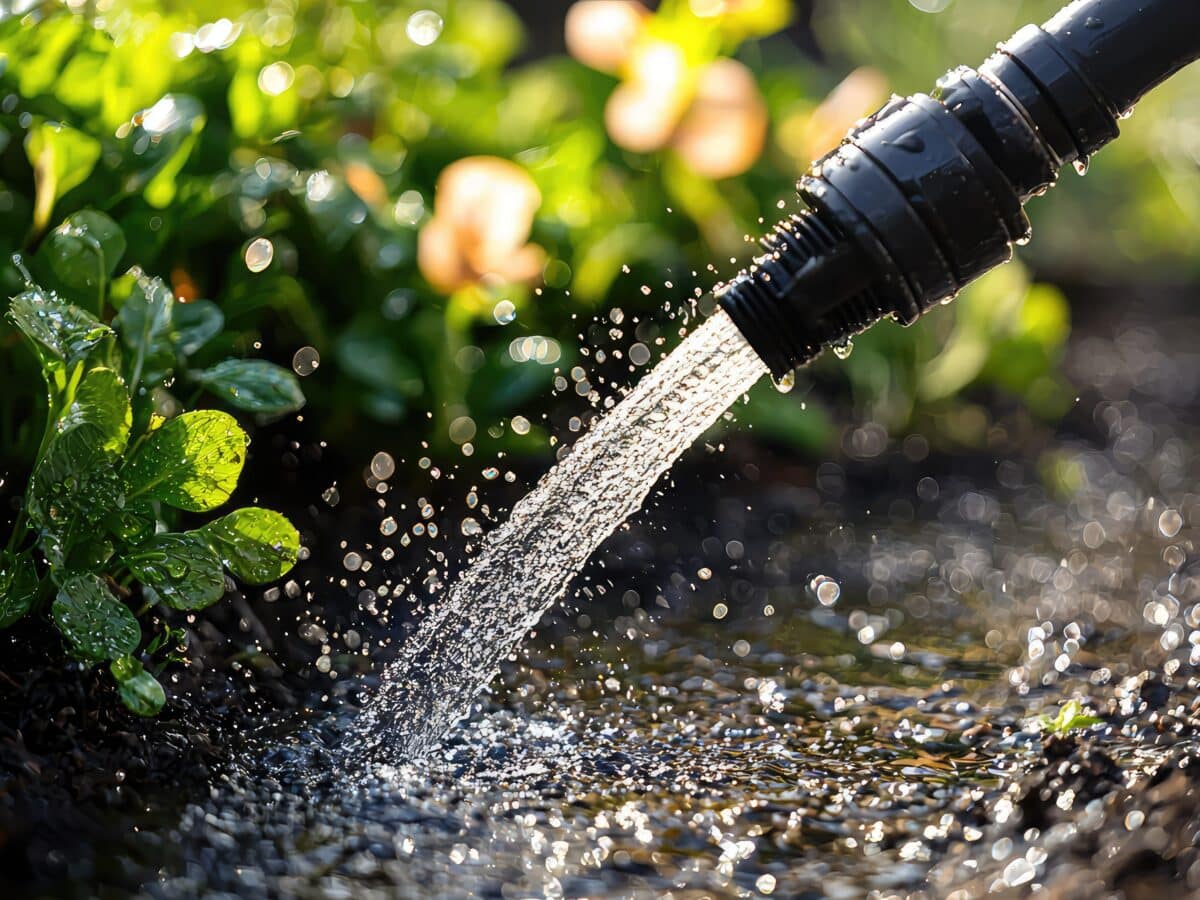 Close-up of a leaking garden hose connection needing drip irrigation repair