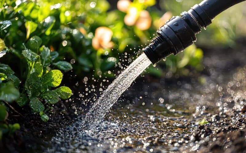 Close-up of a leaking garden hose connection needing drip irrigation repair