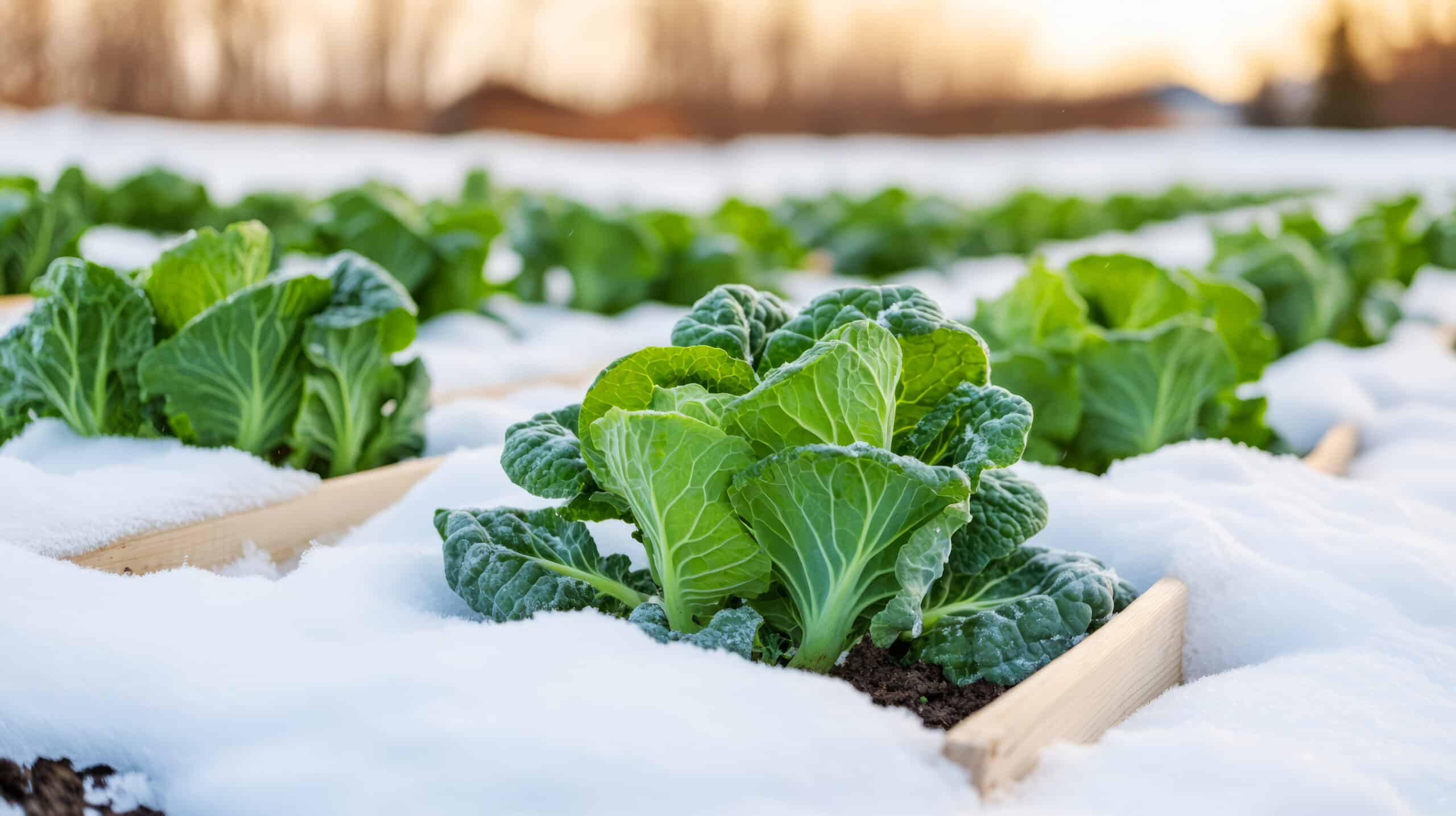Frosty garden bed rows in early morning light before winterizing the irrigation system