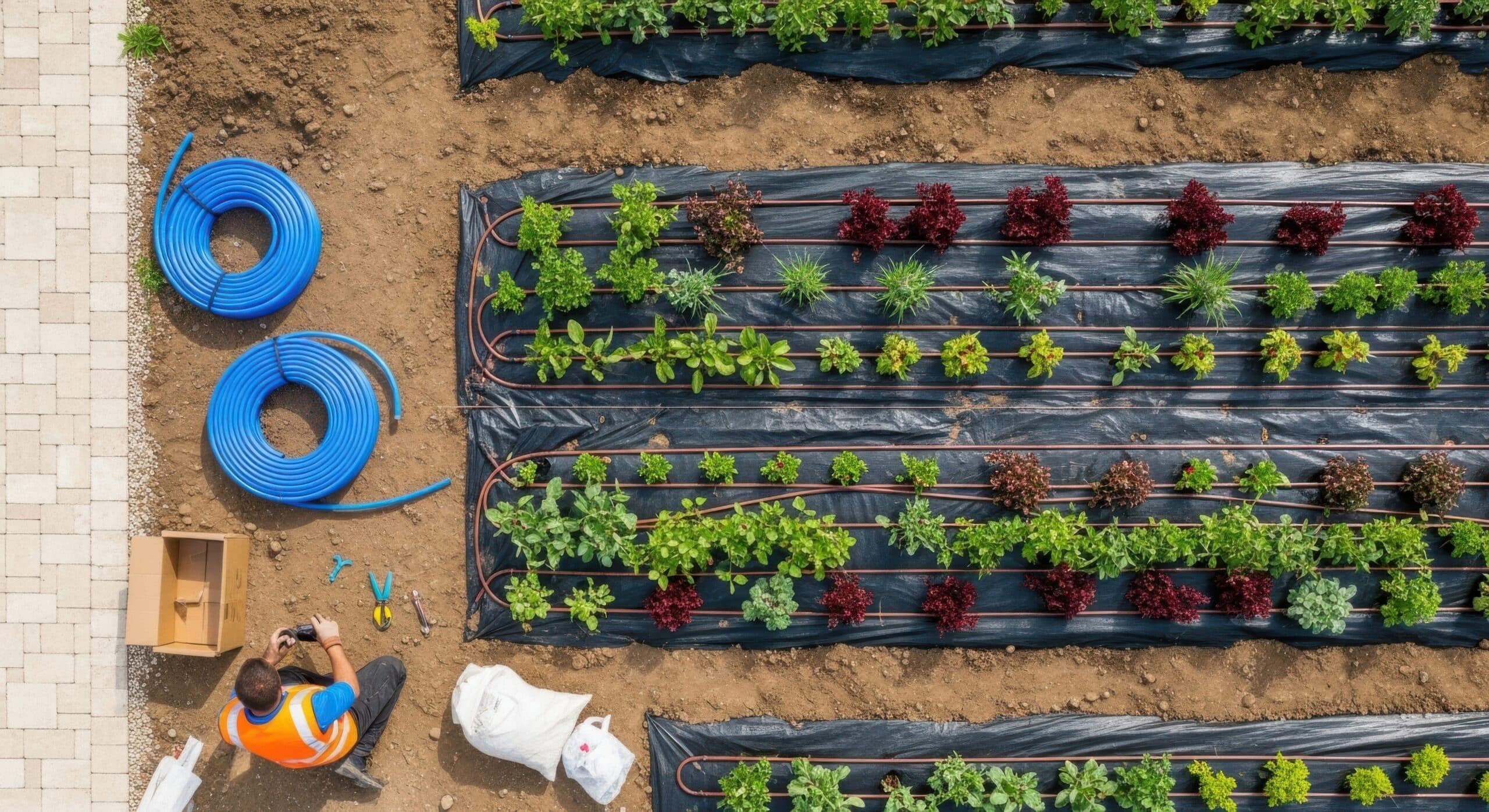Vue en plongée d'un potager avec des tuyaux noirs d'irrigation goutte à goutte entre les rangs de plantes