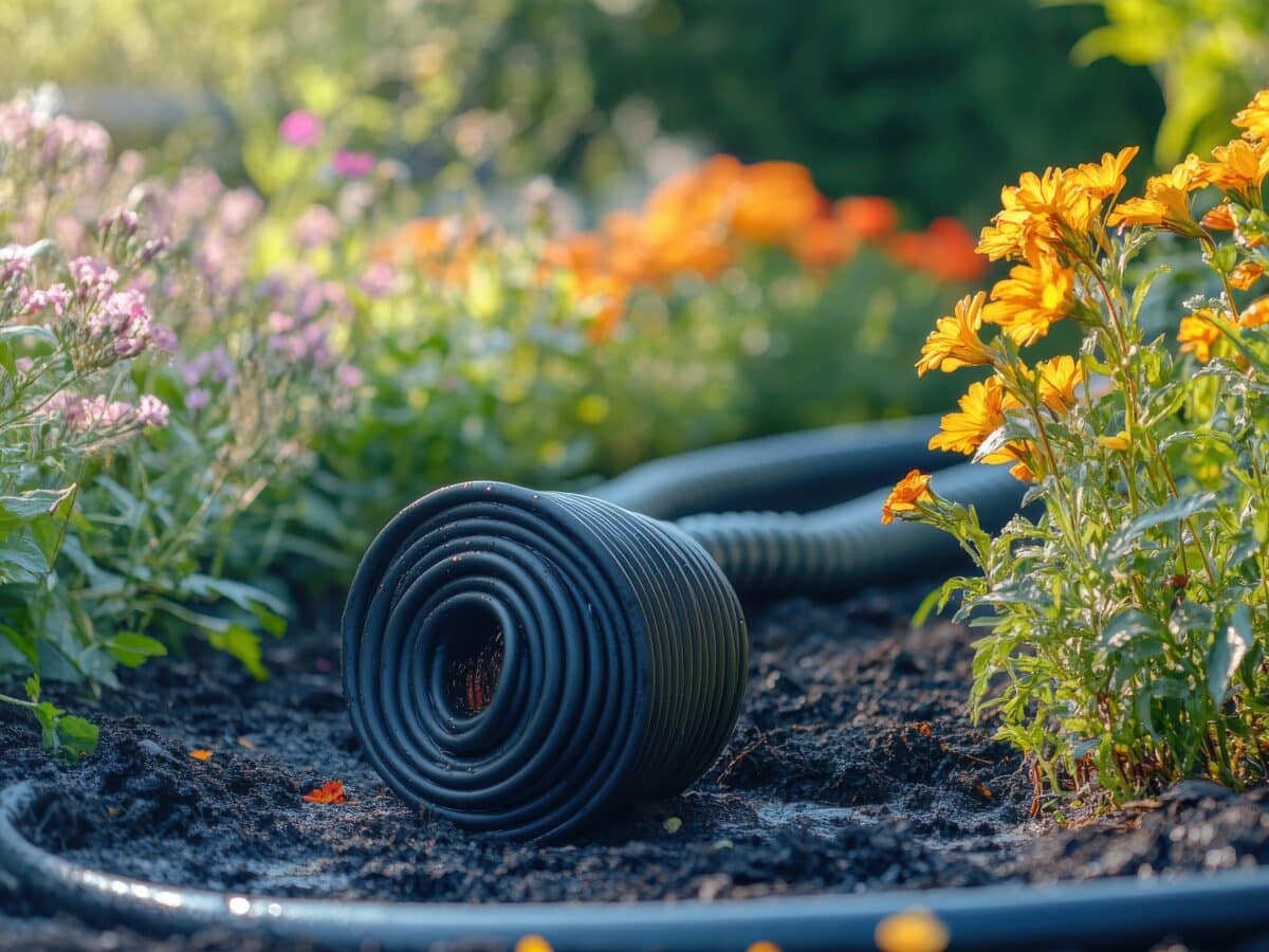 Soaker hose resting on moist soil in a garden bed surrounded by flowers