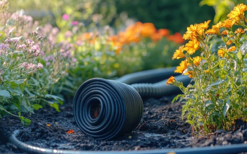 Soaker hose resting on moist soil in a garden bed surrounded by flowers