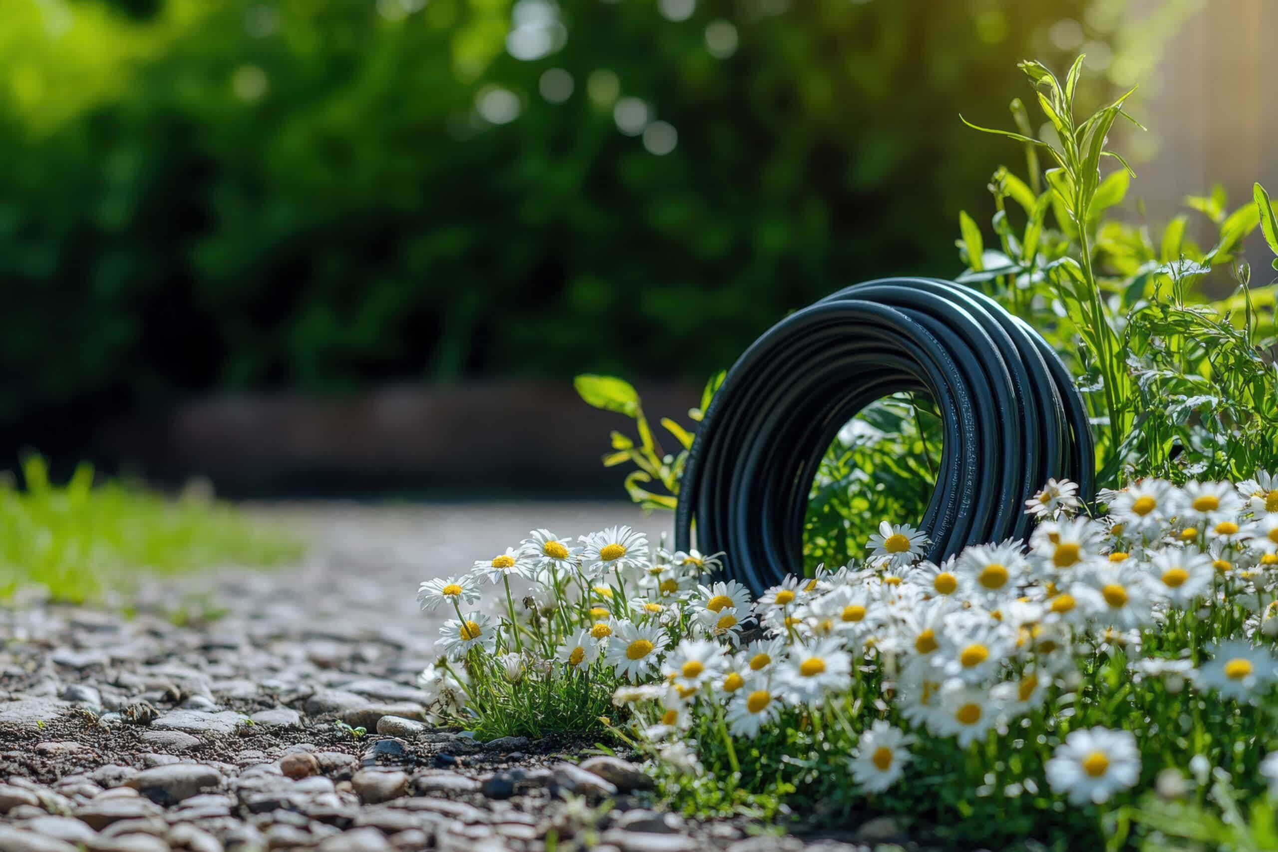 Tuyau suintant enroulé autour du pied d'une bordure d'arbustes dans un jardin