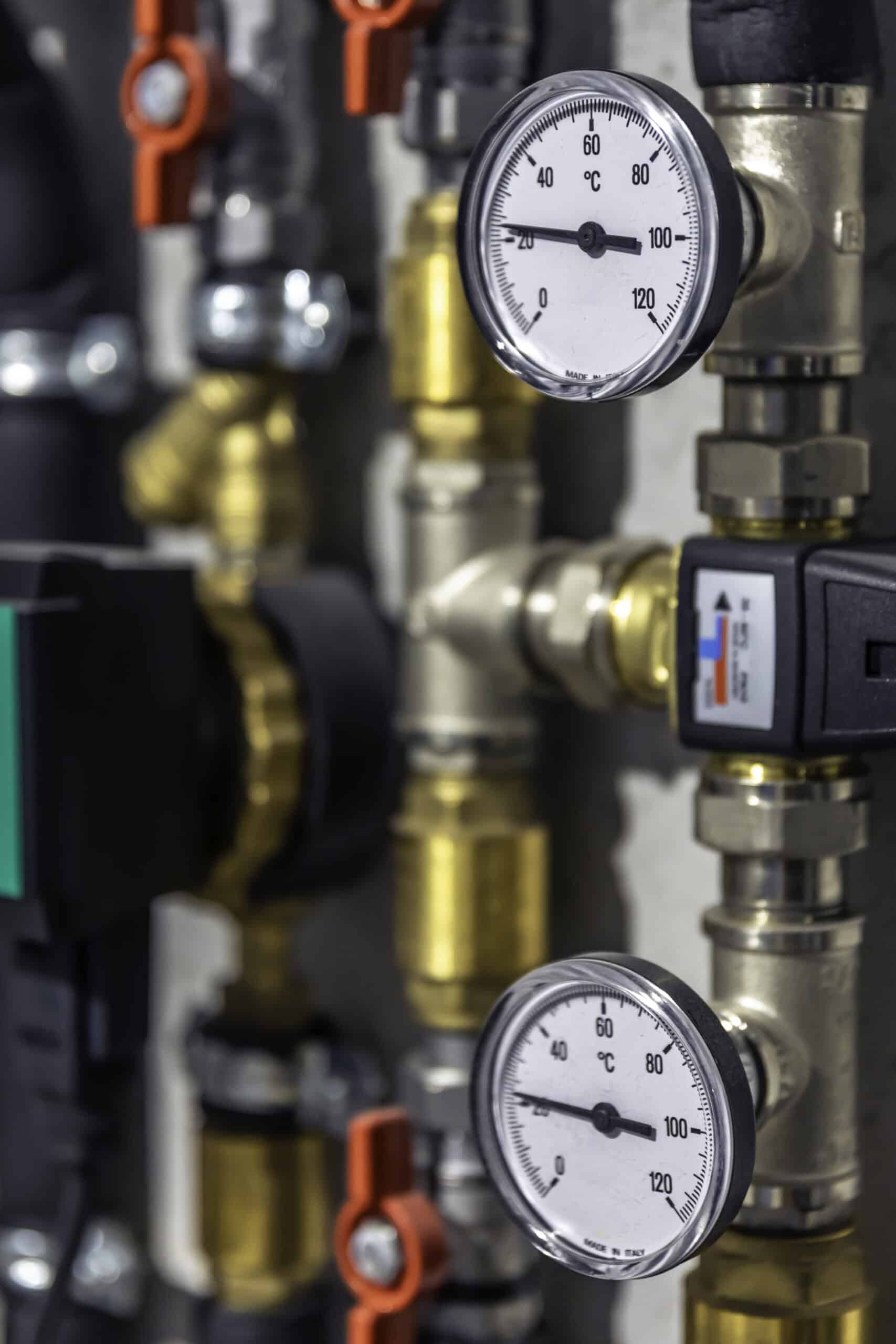 Close-up of a 25 PSI pressure regulator with the flow-direction arrow visible