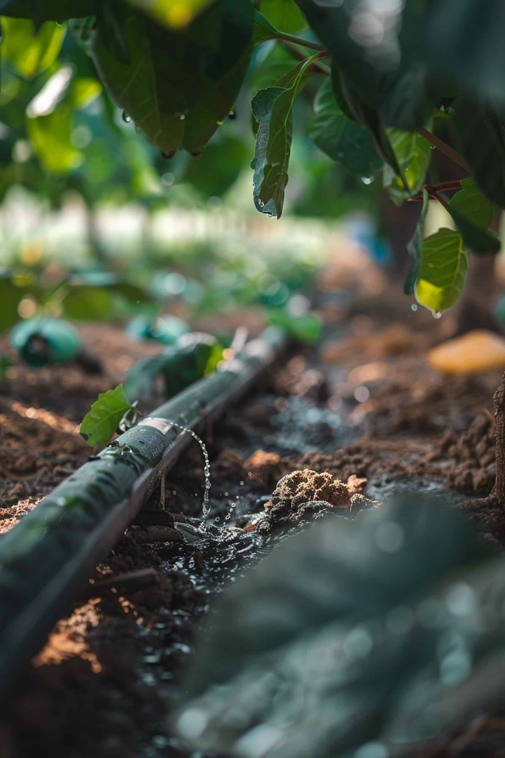 Soaker hose weeping water into mulched soil at the base of an evergreen tree