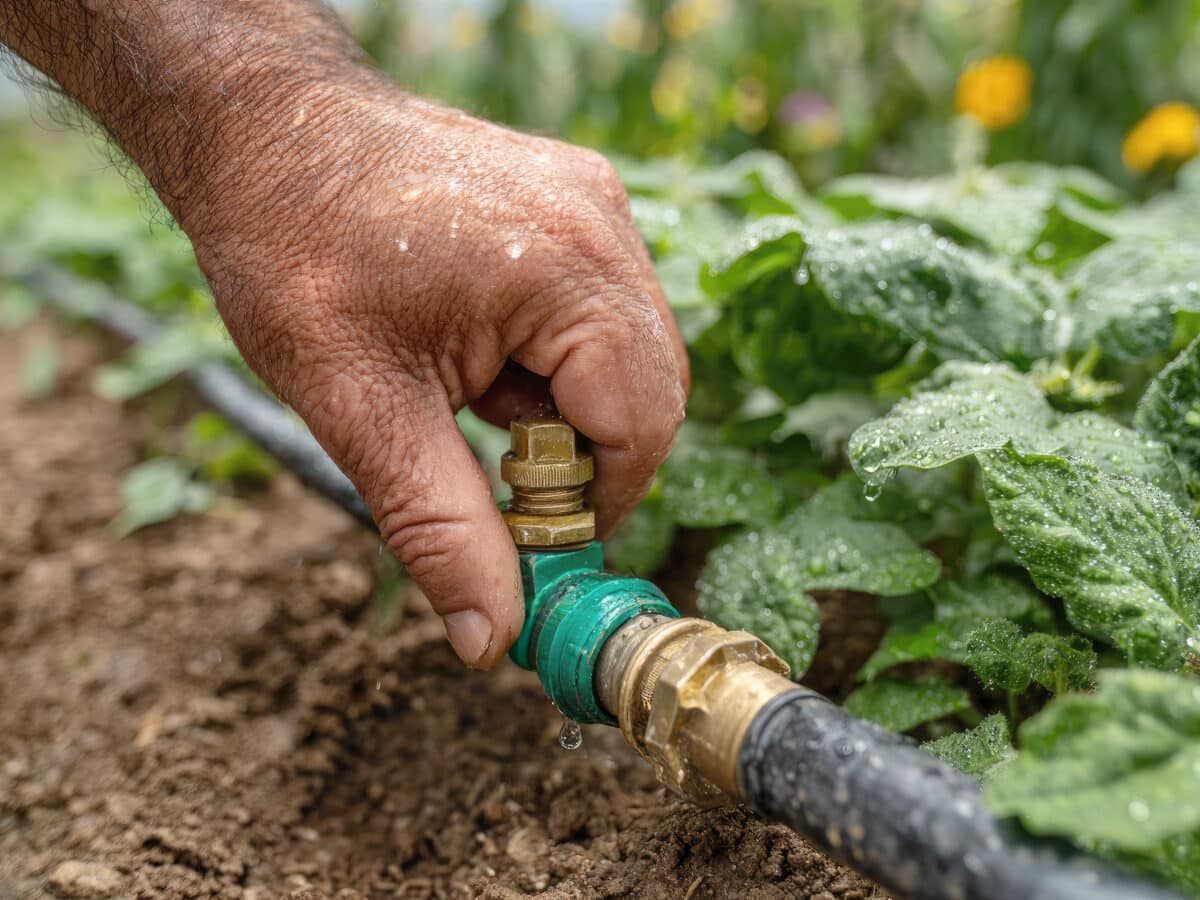 Close-up of a hand adjusting a black drip irrigation pipe fitting near seedlings while clearing a clogged line