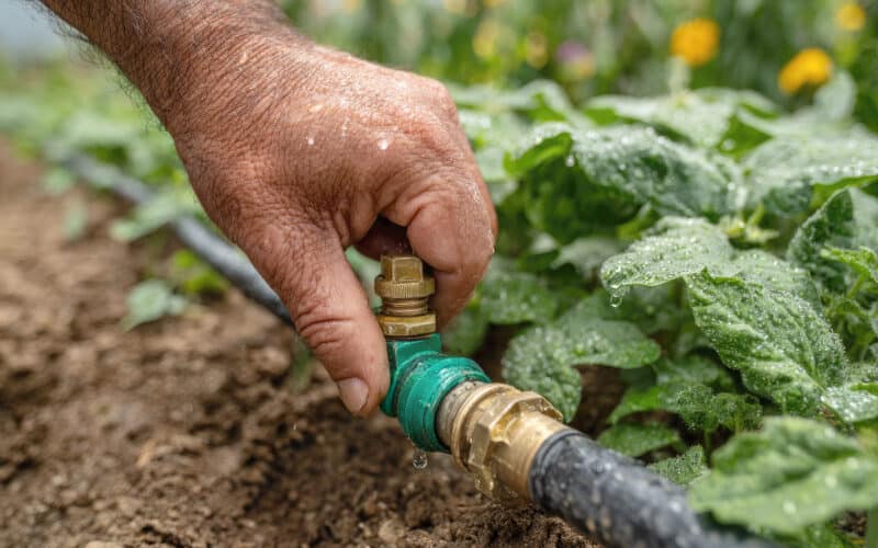 Close-up of a hand adjusting a black drip irrigation pipe fitting near seedlings while clearing a clogged line