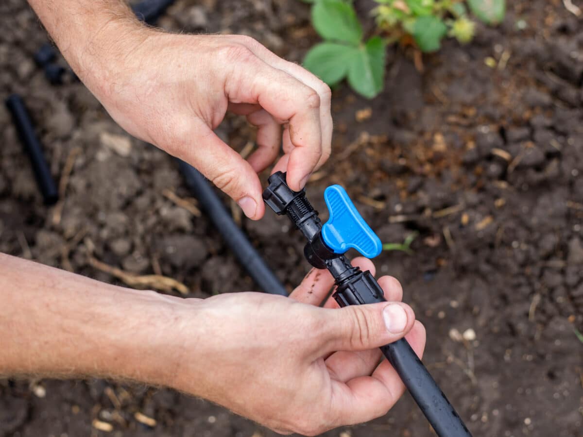 Man connecting a shutoff valve to HDPE supply pipe while converting a sprinkler irrigation zone to drip irrigation
