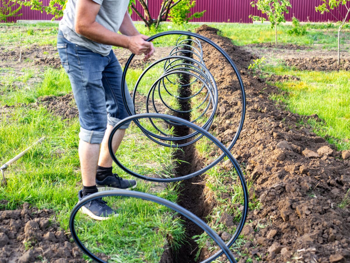 Person laying irrigation tubing into a dug trench for a subsurface drip system