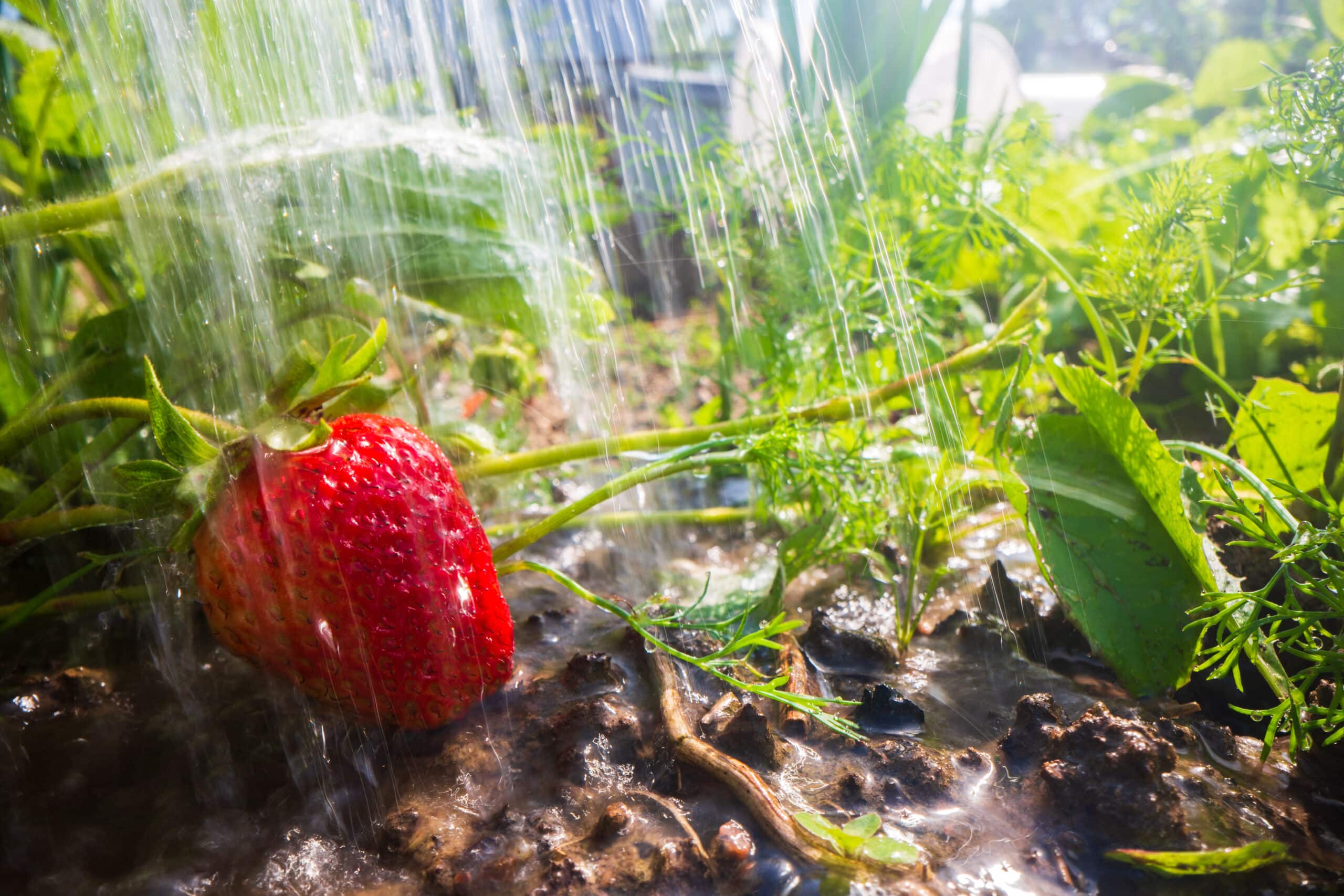 Strawberry plants growing in a raised garden bed with a drip irrigation line laid between the rows