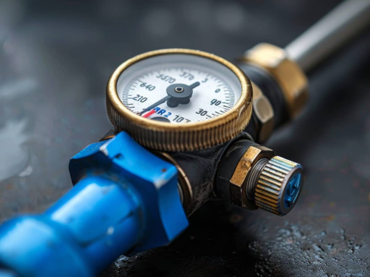 Small inline pressure regulator installed between an outdoor spigot and a soaker hose