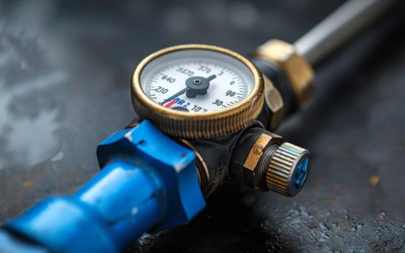 Small inline pressure regulator installed between an outdoor spigot and a soaker hose
