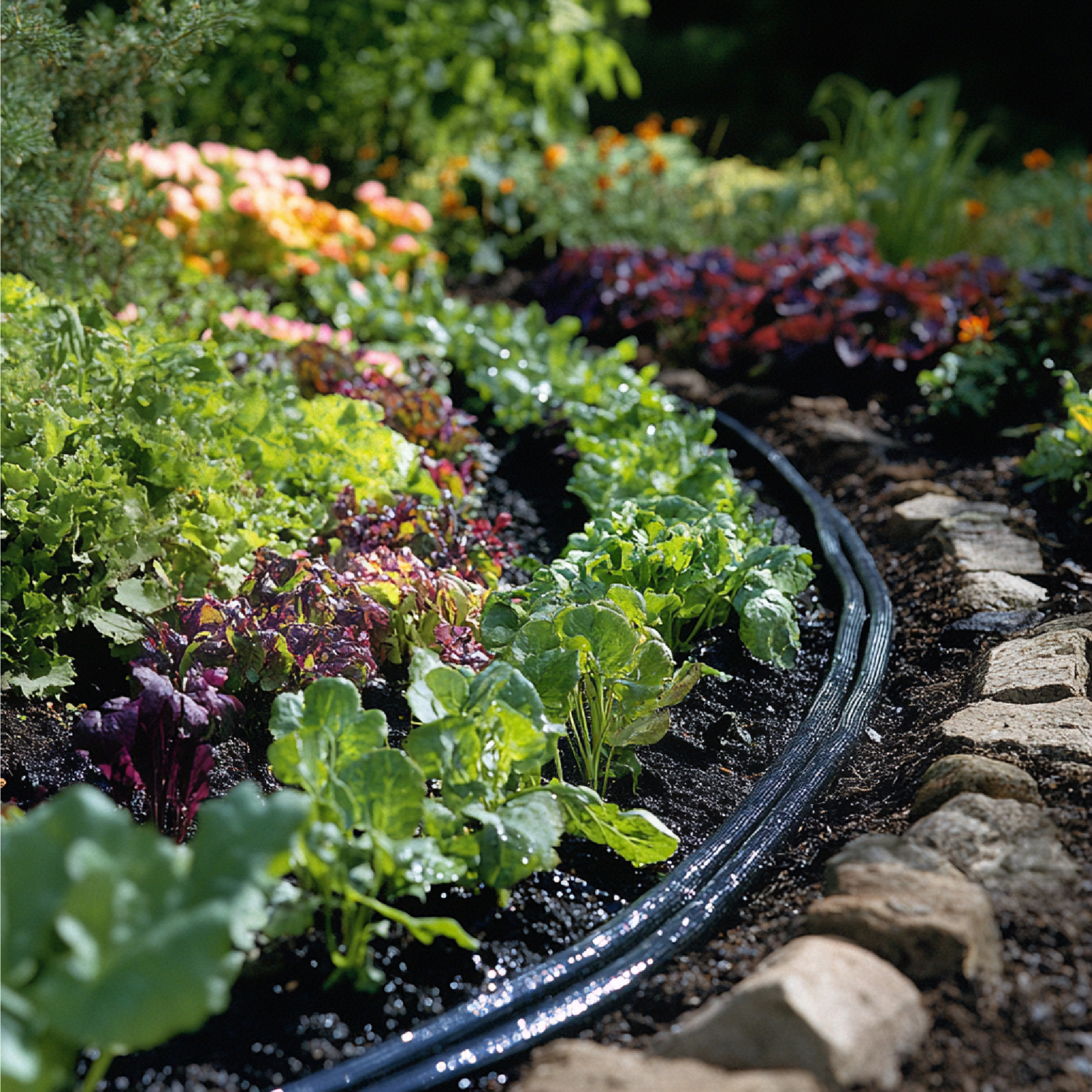 Close-up of a soaker hose weeping moisture into dark garden soil