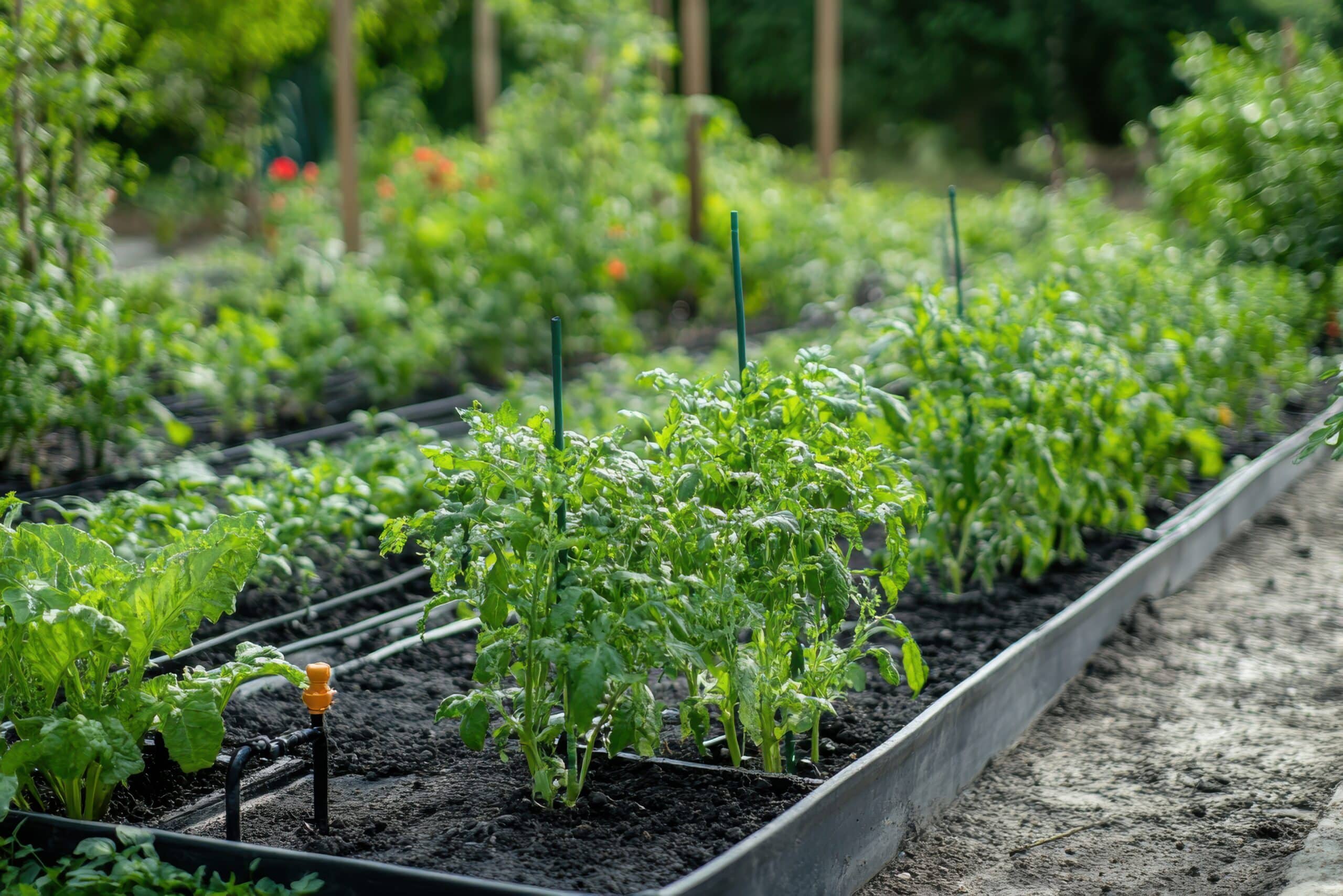 Raised wooden garden bed with a black drip tubing grid watering young vegetable plants
