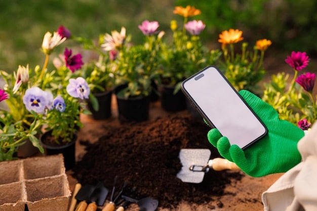 Gardener holding a phone with a smart garden app, representing a smart drip irrigation system controlled remotely