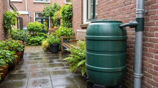 Green rain barrel connected to a downspout, collecting rainwater for a gravity-fed drip irrigation system