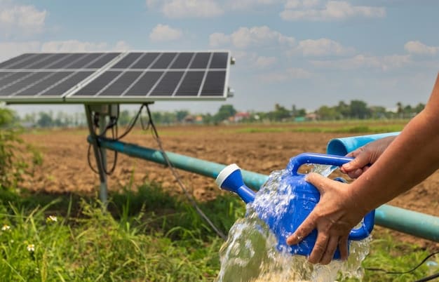 Small water pump and solar panels set up on a farm to run a drip irrigation zone off-grid