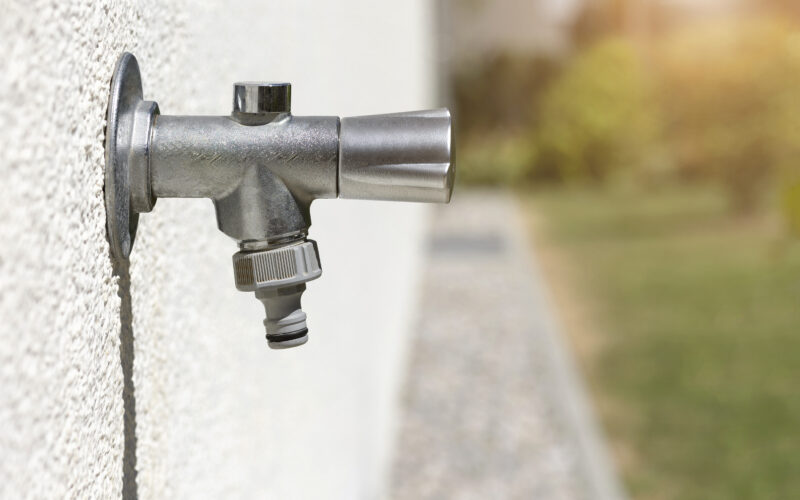 Outdoor garden tap with hose connector, the attachment point for a drip irrigation backflow preventer